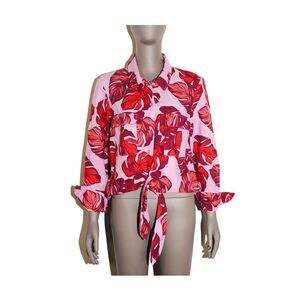 Floral Linen Button Down Long Sleeve‎ Shirt Lightweight Boho Tie Top Medium